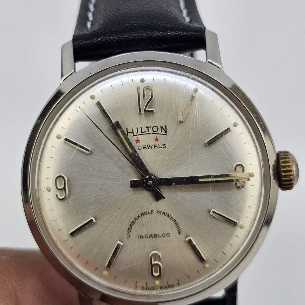 VTG Hilton Automatic Men's Watch 34MM‎ Gray Dial Swiss New Black Leather Bands - Picture 7 of 16